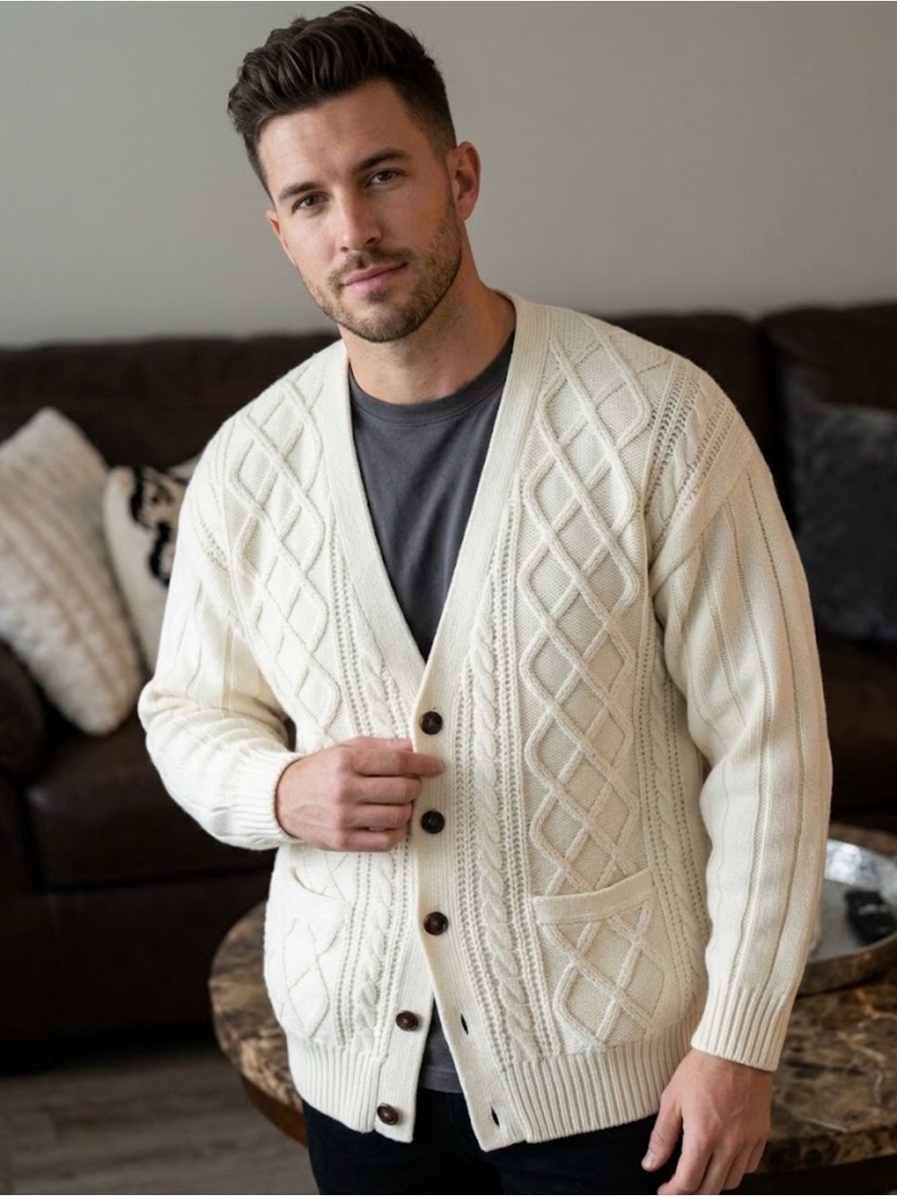 Vintage Town craft Cream Cable Knit Cardigan Sweater.LT